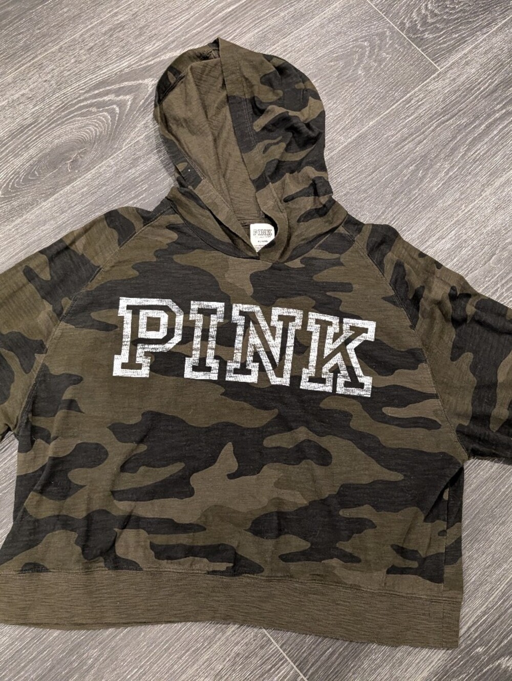 PINK Victoria's Secret Olive Camo Hoodie with White Logo